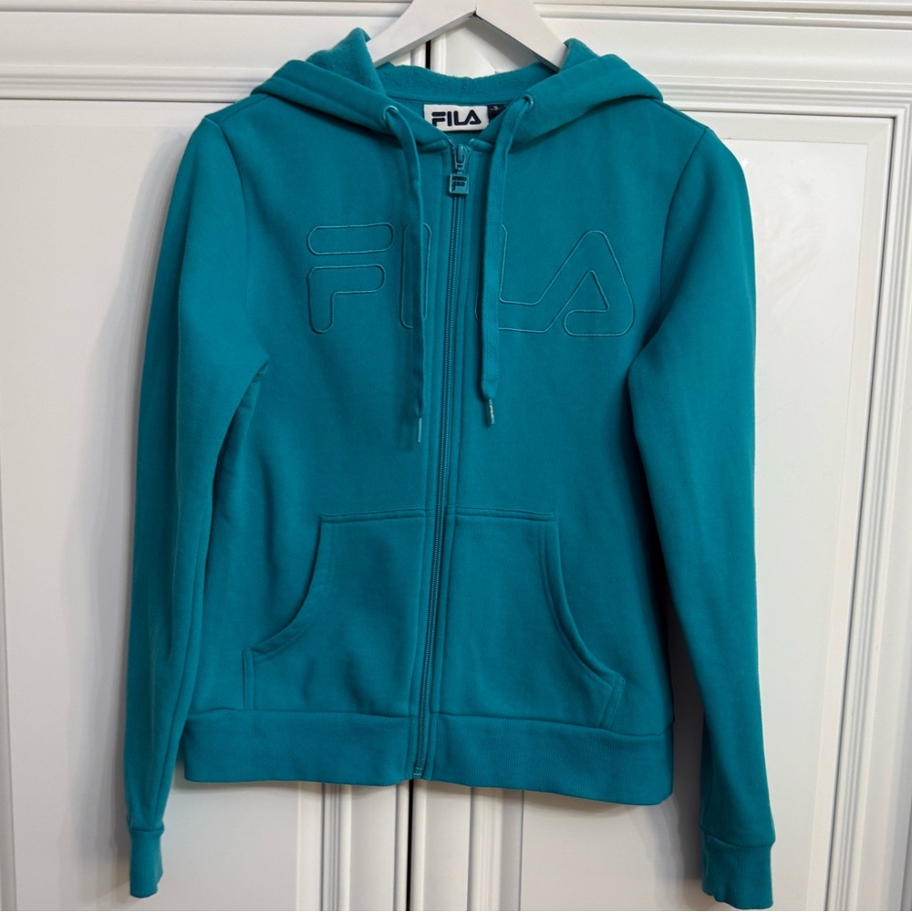 Fila Women Size Small Graphic Zip Hoodie in Turquoise Cotton/Polyester Blend